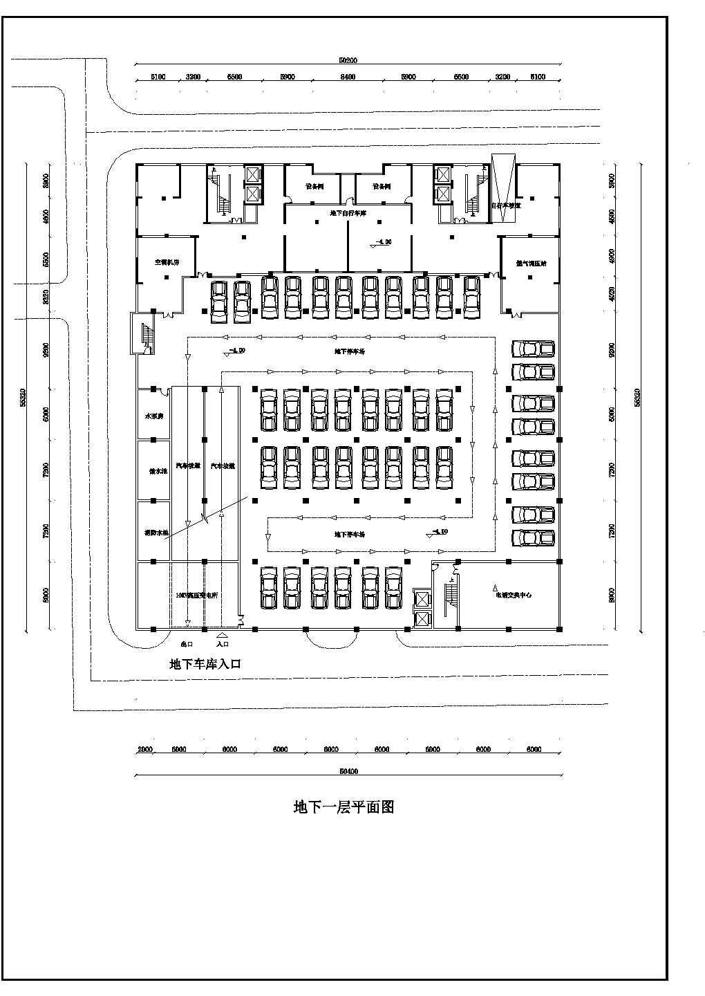 商场：长55.32米 宽50.2米 -1+4层某大型商场建筑平面设计方案图