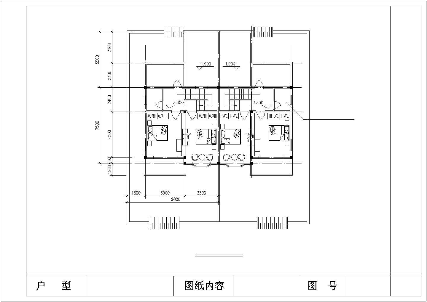 成都某小区2层砖混结构双拼别墅建筑设计CAD图纸（每户240平米）