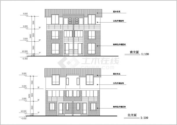 长沙某小区3层砖混结构双拼别墅平立剖面设计CAD图纸（每户190平米）-图二