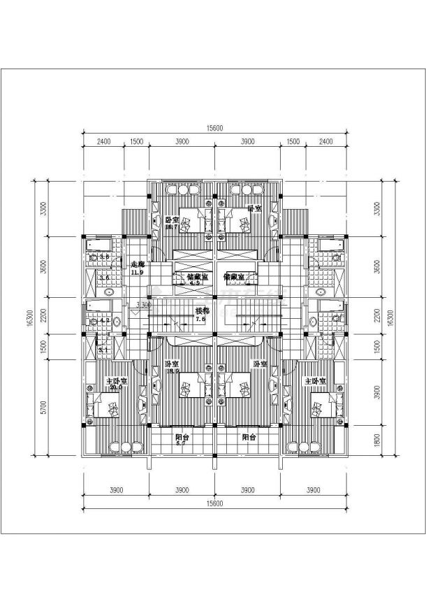 3层砖混结构双拼别墅平立剖面设计CAD图纸（每户220平米）-图二