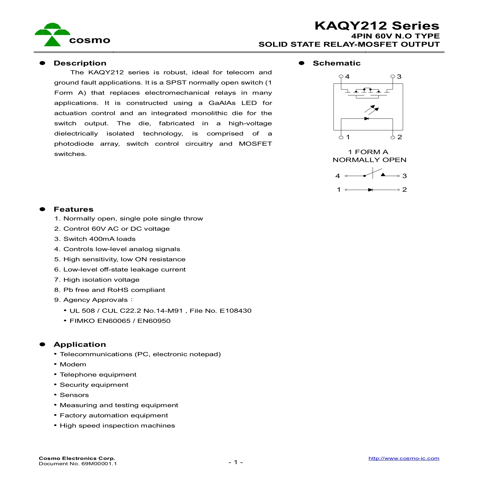 冠西电子COSMO光电继电器KAQY212/KAQY212S