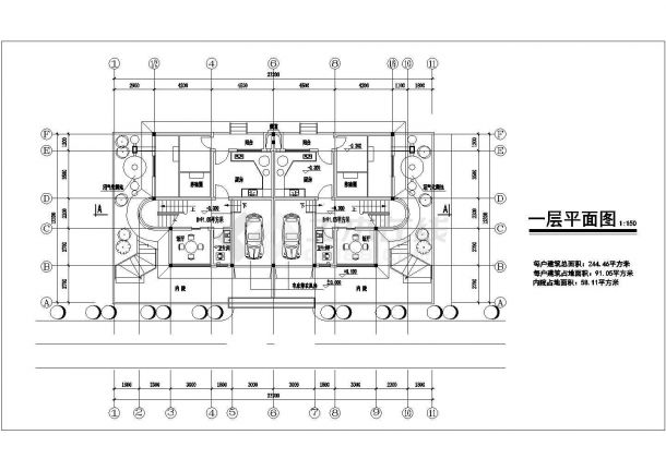 南京某别墅区每户240平米3层砖混结构双拼别墅平立剖面设计CAD图纸-图二
