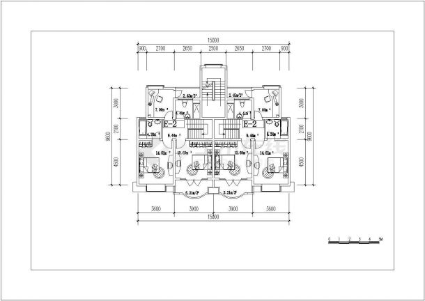 1300平米5+1层砖混结构住宅楼平面设计CAD图纸（1层2户）-图一