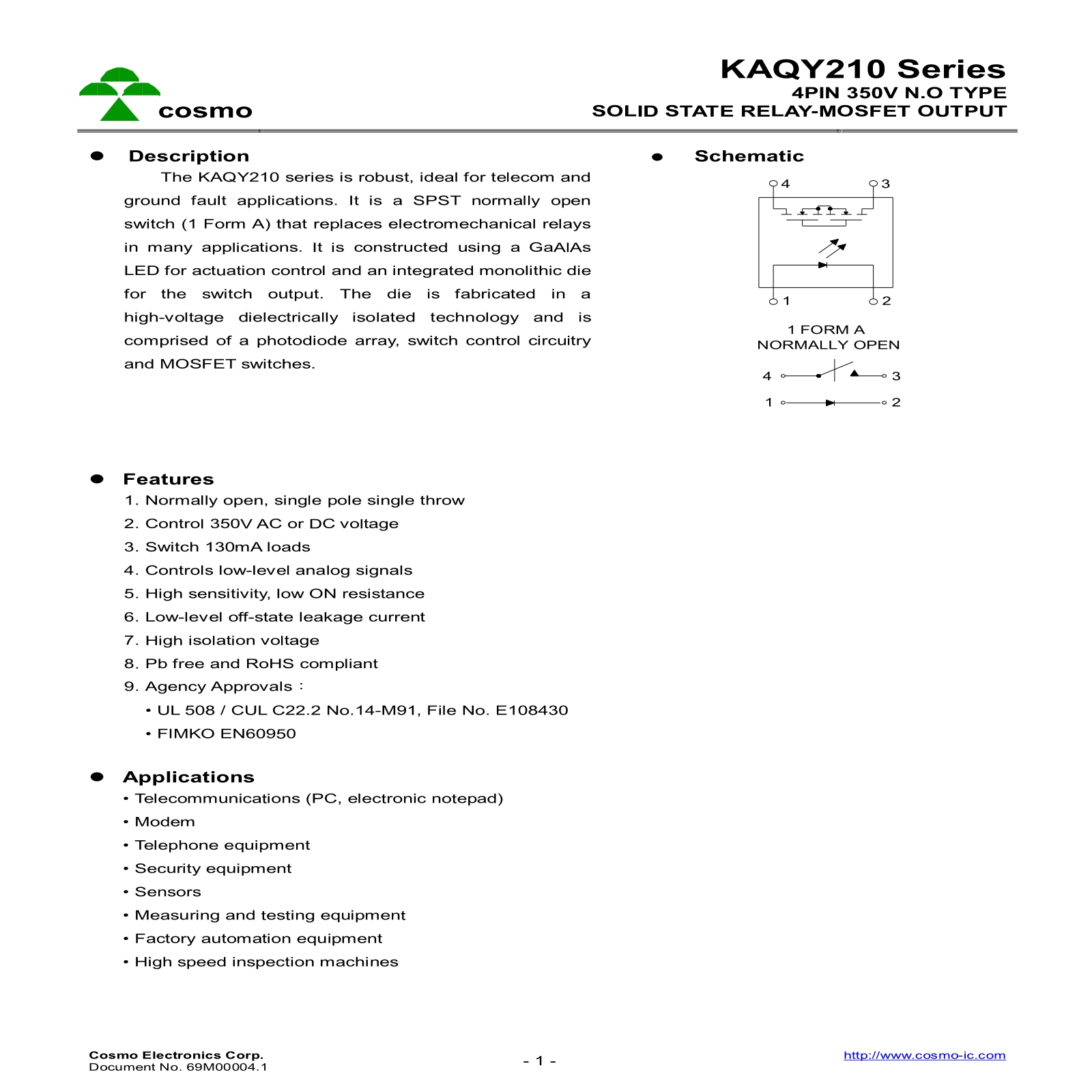 冠西电子COSMO光电继电器KAQY210/KAQY210S