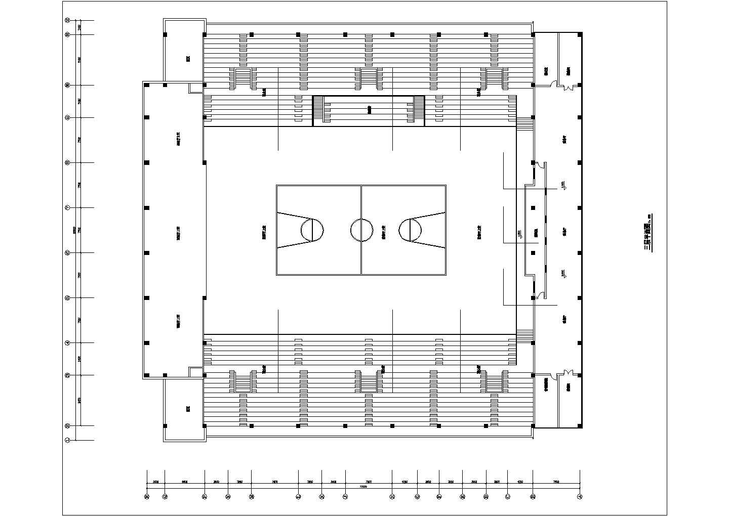 长72米 宽69.9米 三层体育馆装修图（各层平面图 天花图）