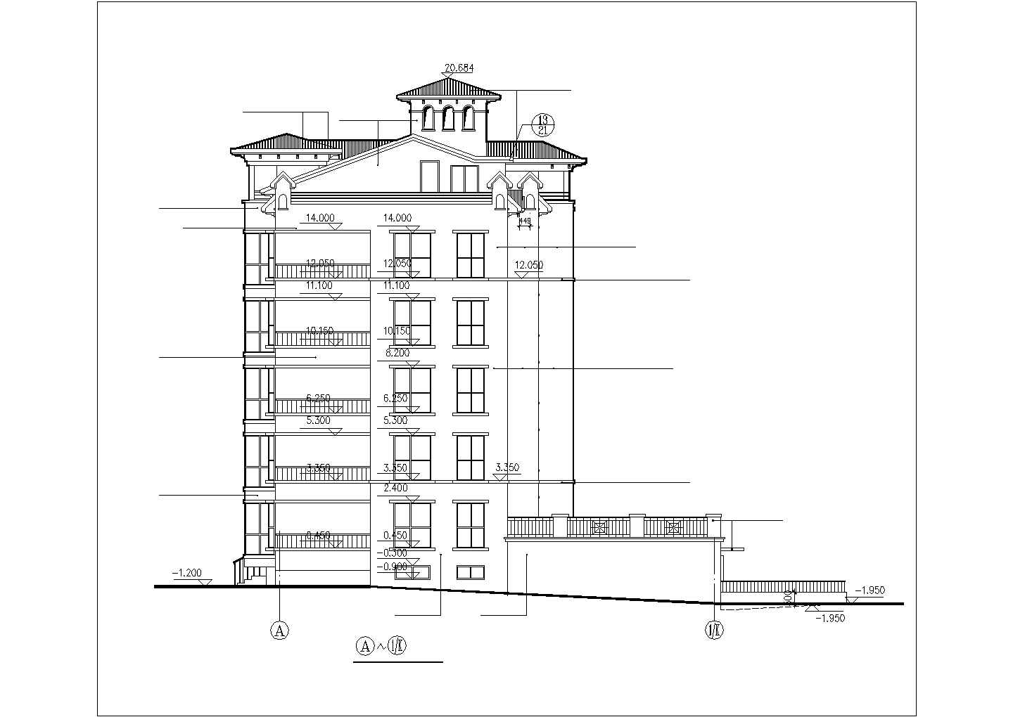 3900平米五层框混结构住宅楼平立剖面设计CAD图纸（含阁楼和半地下室）