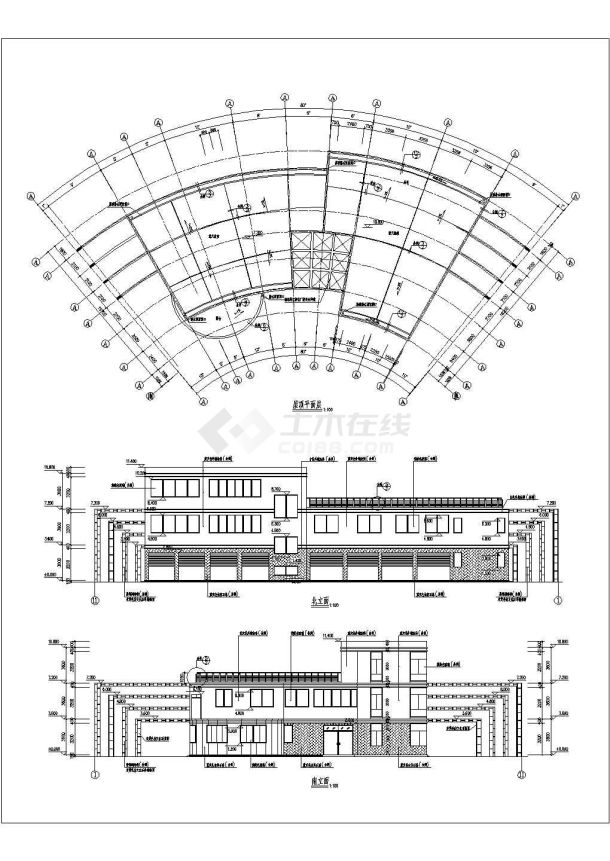 嘉兴市江南花园小区1100平米3层扇形框架结构娱乐会所建筑设计CAD图纸-图二