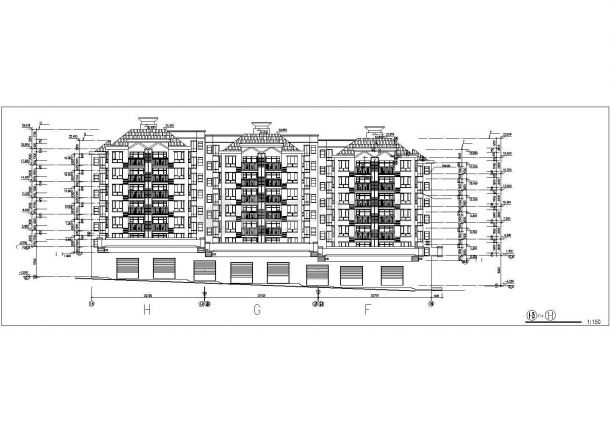 三栋2200平米7层连排式框架结构住宅楼立剖面设计CAD图纸（底层商用）-图一