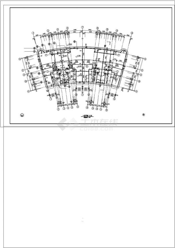 3层占地632.6平1252.8平米弧形4户联排别墅建筑设计cad图纸-图一