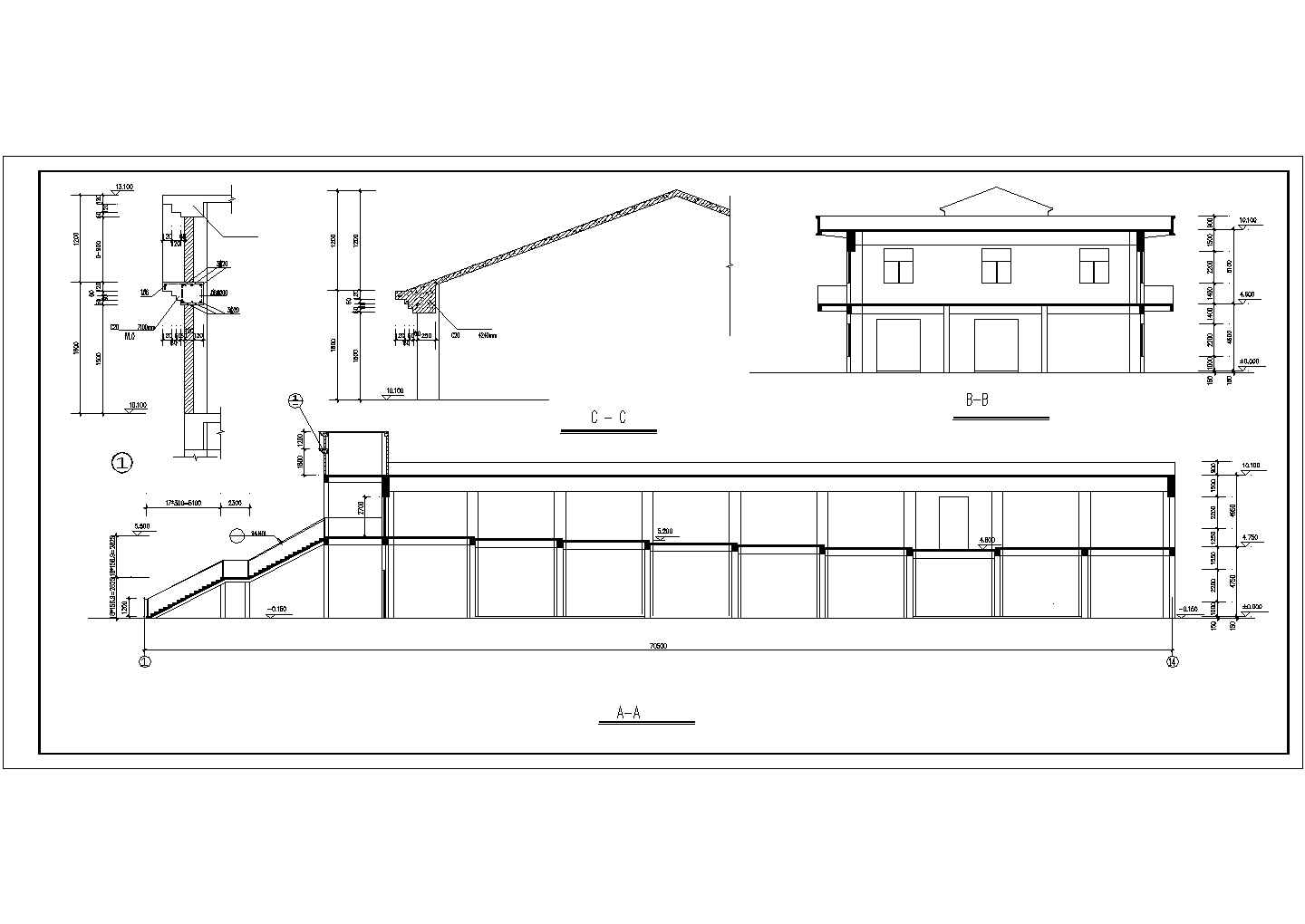 长70.77米 宽20.8米 2层2645平米学生食堂建筑施工图