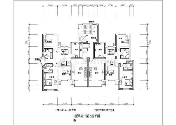 某三室二厅住宅小区143平米CAD平立剖构造图-图一