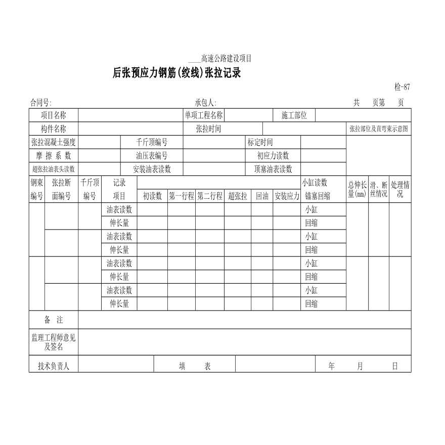 高速公路建设项目后张预应力钢筋绞线张拉记录-图一