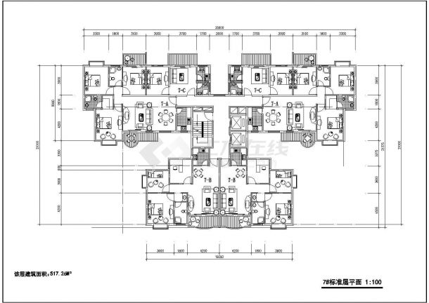 合肥市紫郡花园小区多栋住宅楼的标准层平面设计CAD图纸（7张）-图二