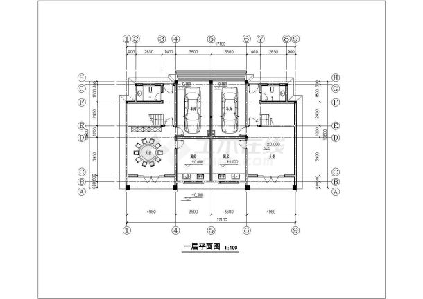 327平方米新农村两户双联式别墅建筑设计cad图-图二