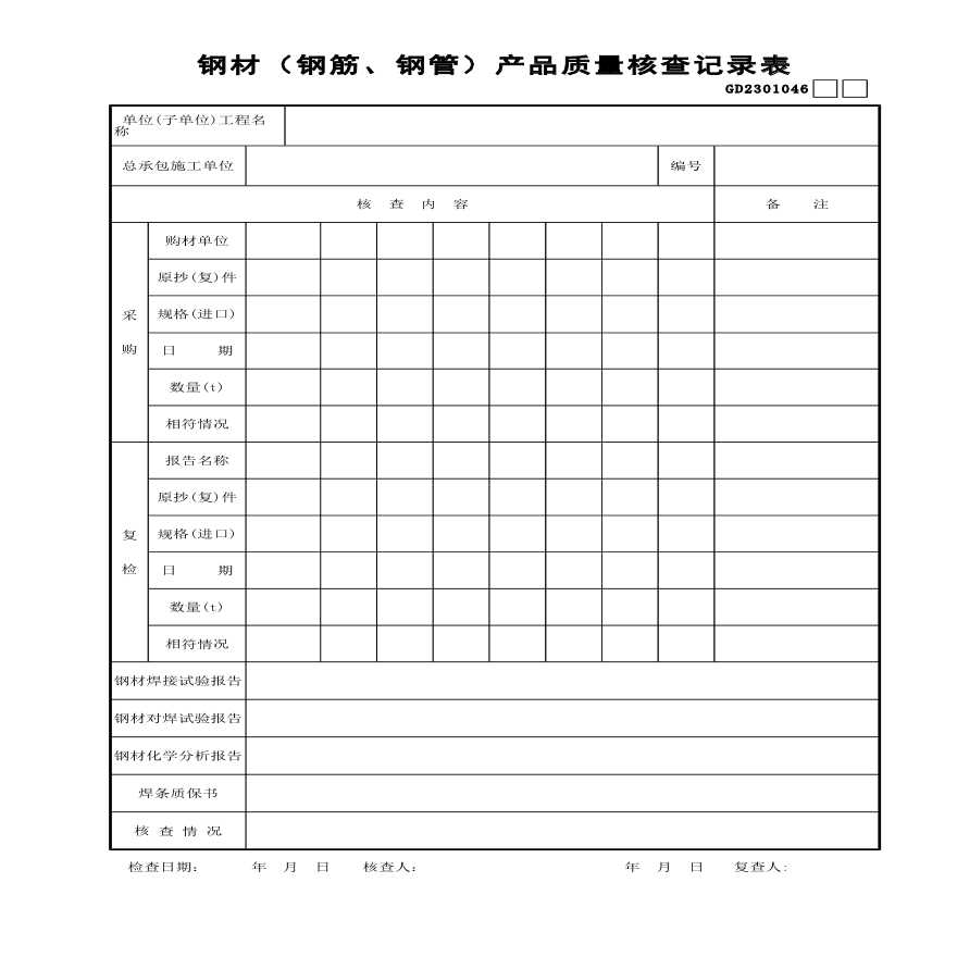 钢材(钢筋、钢管)产品质量核查记录表-图一