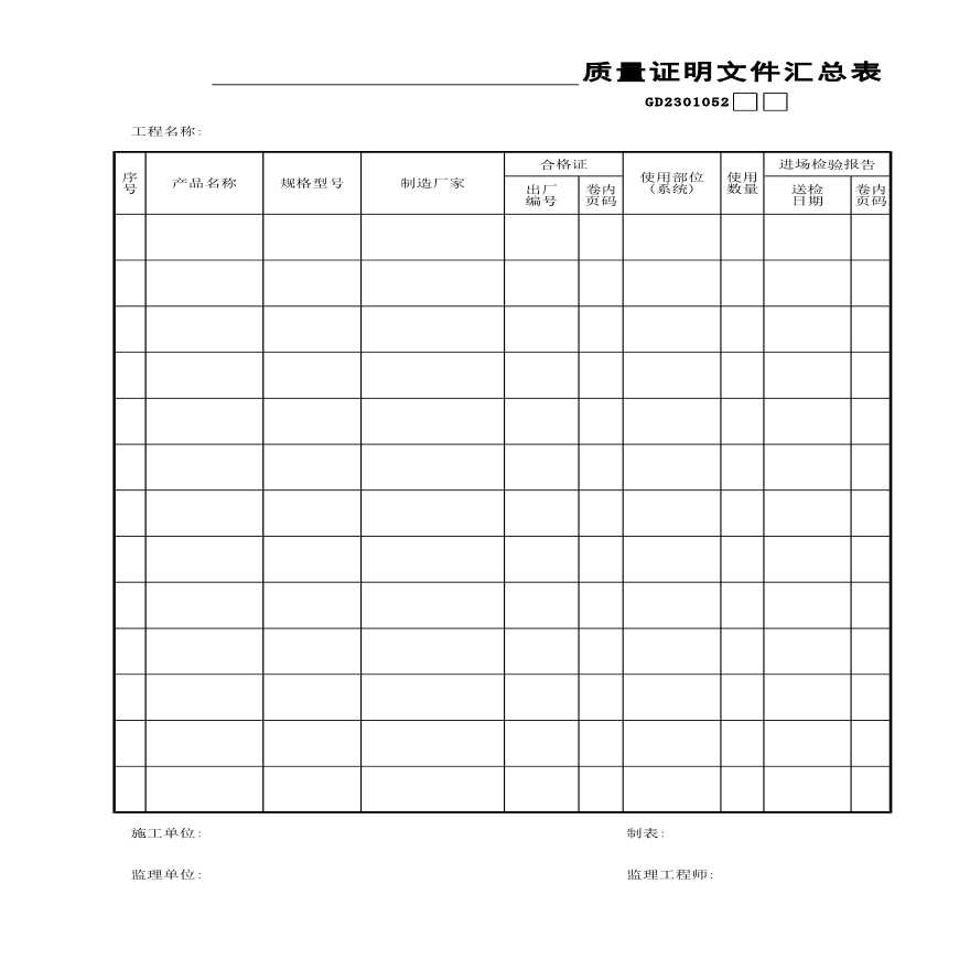 某质量证明文件汇总表