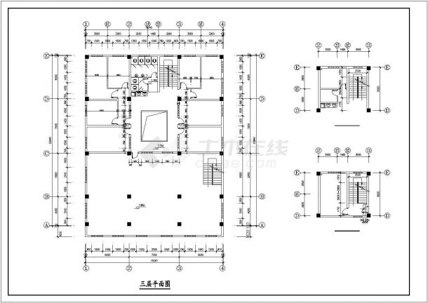 1400平米左右3层框混结构连锁旅馆建筑设计CAD图纸（底层商铺）-图二