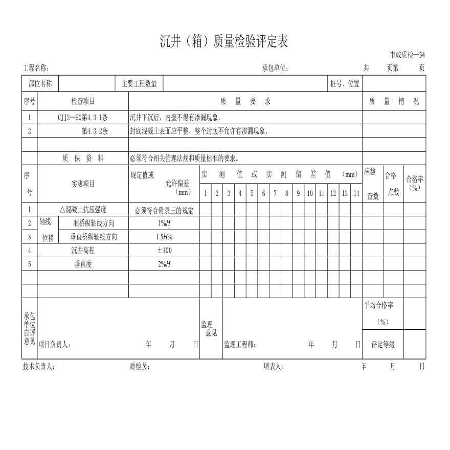 市政质检沉井箱质量检验评定表-图一