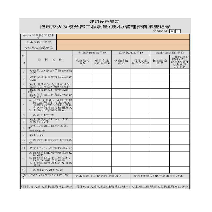 建筑设备安装泡沫灭火系统分部工程质量管理文件资料核查记录-图一