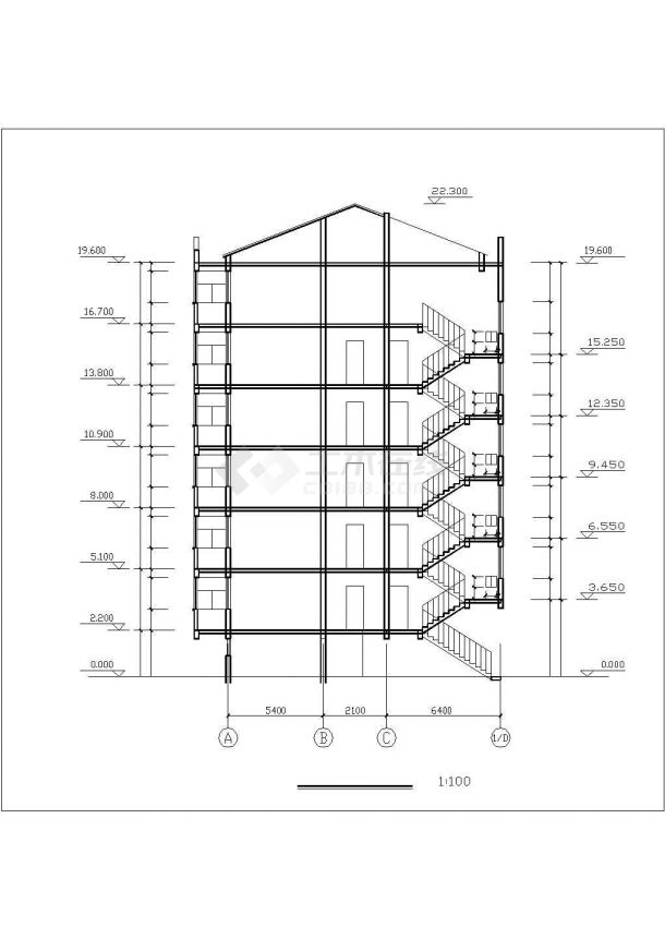 1900平米左右7层框混结构住宅楼平立剖面设计CAD图纸（底层车库）-图二