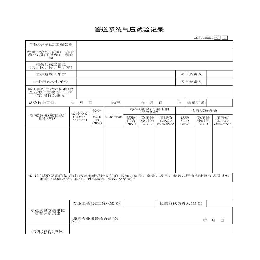 某管道系统气压试验记录