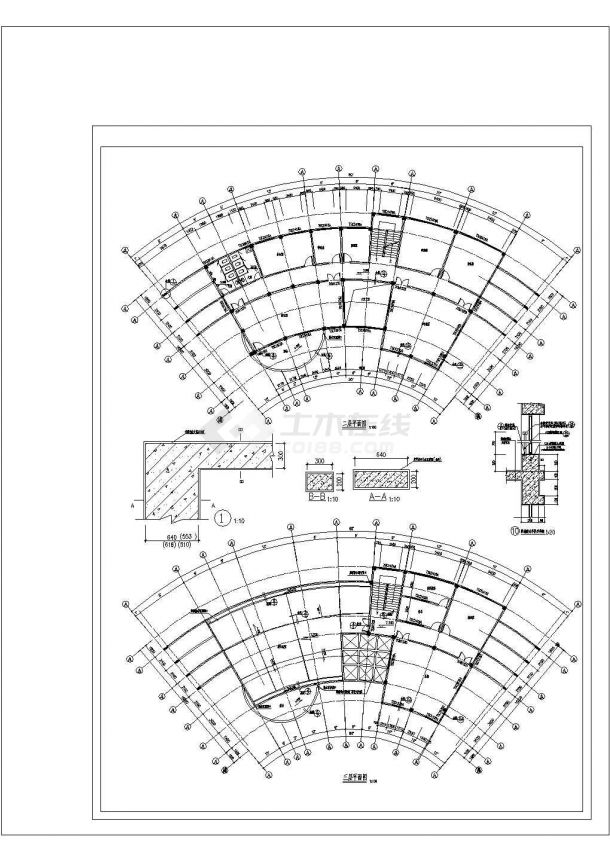 宁波市某现代小区1100平米3层框架扇形结构小区会所建筑设计CAD图纸-图一