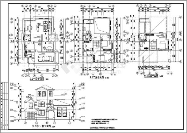 沈阳某村镇3层砖混结构单体乡村别墅建筑设计CAD图纸（4套方案）-图二