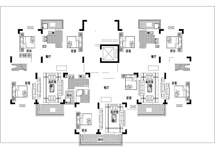 包头市当代花园小区9层框架结构住宅楼局部平面设计CAD图纸（1梯3户）_图1