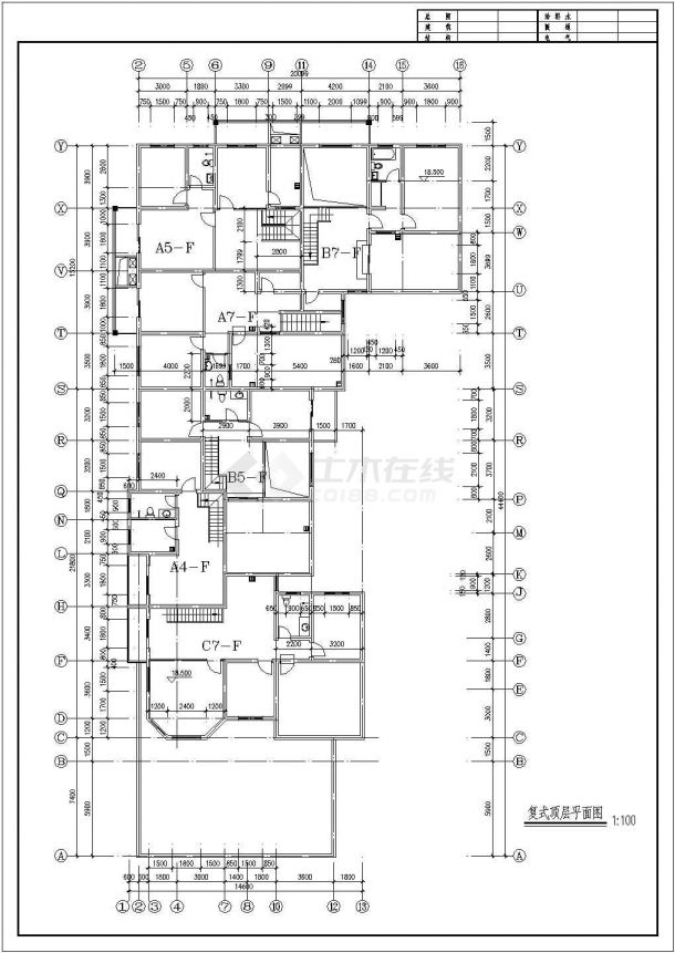 昆明市某小区7500平米左右5+2层框混结构住宅楼平面设计CAD图纸-图二