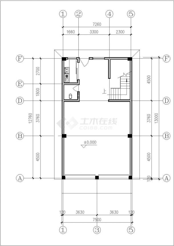 650平米5层砖混结构民居住宅楼平立剖面设计CAD图纸（1层1户）-图二