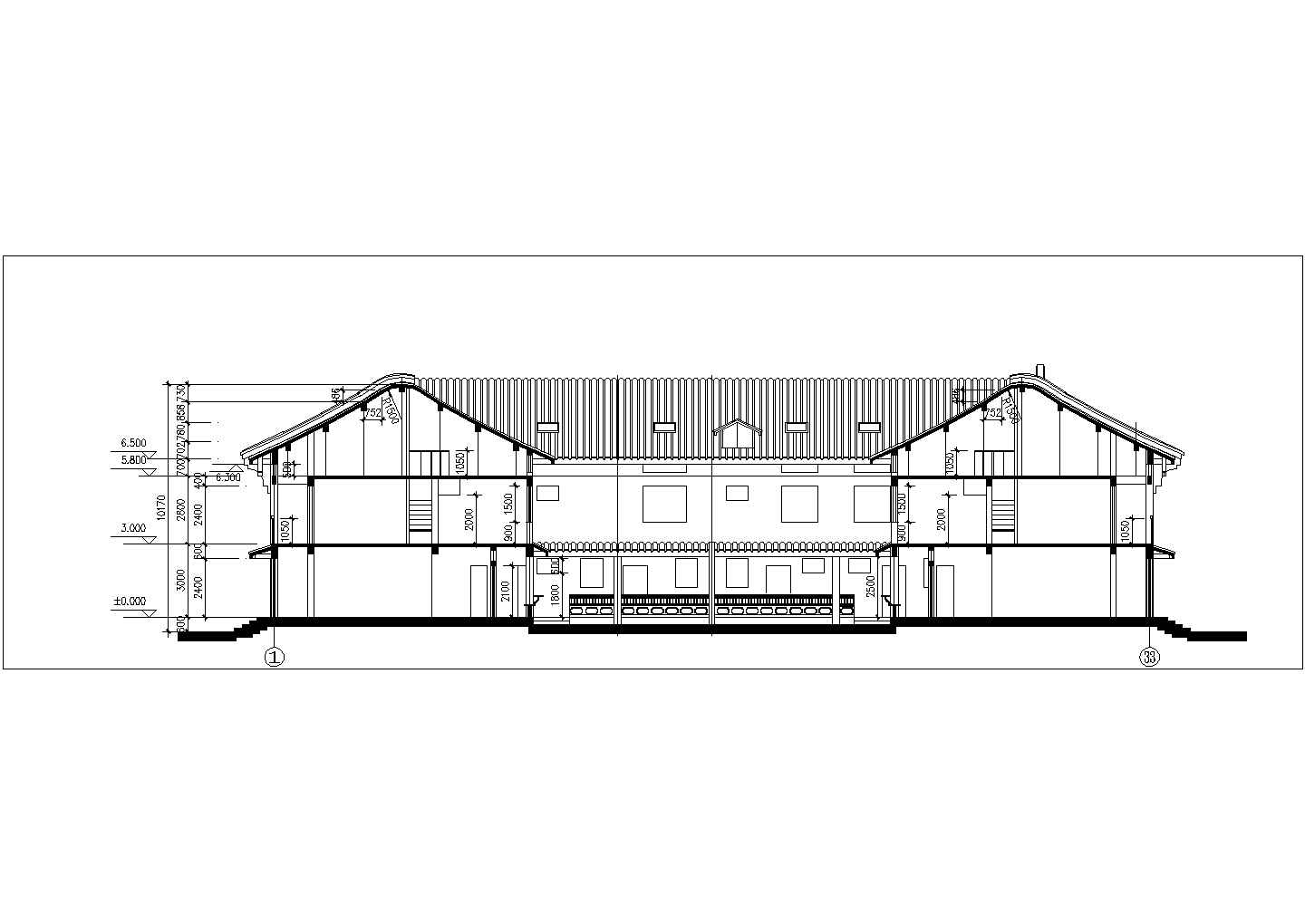 台州市某度假区2层框架结构民宿酒店立剖面设计CAD图纸