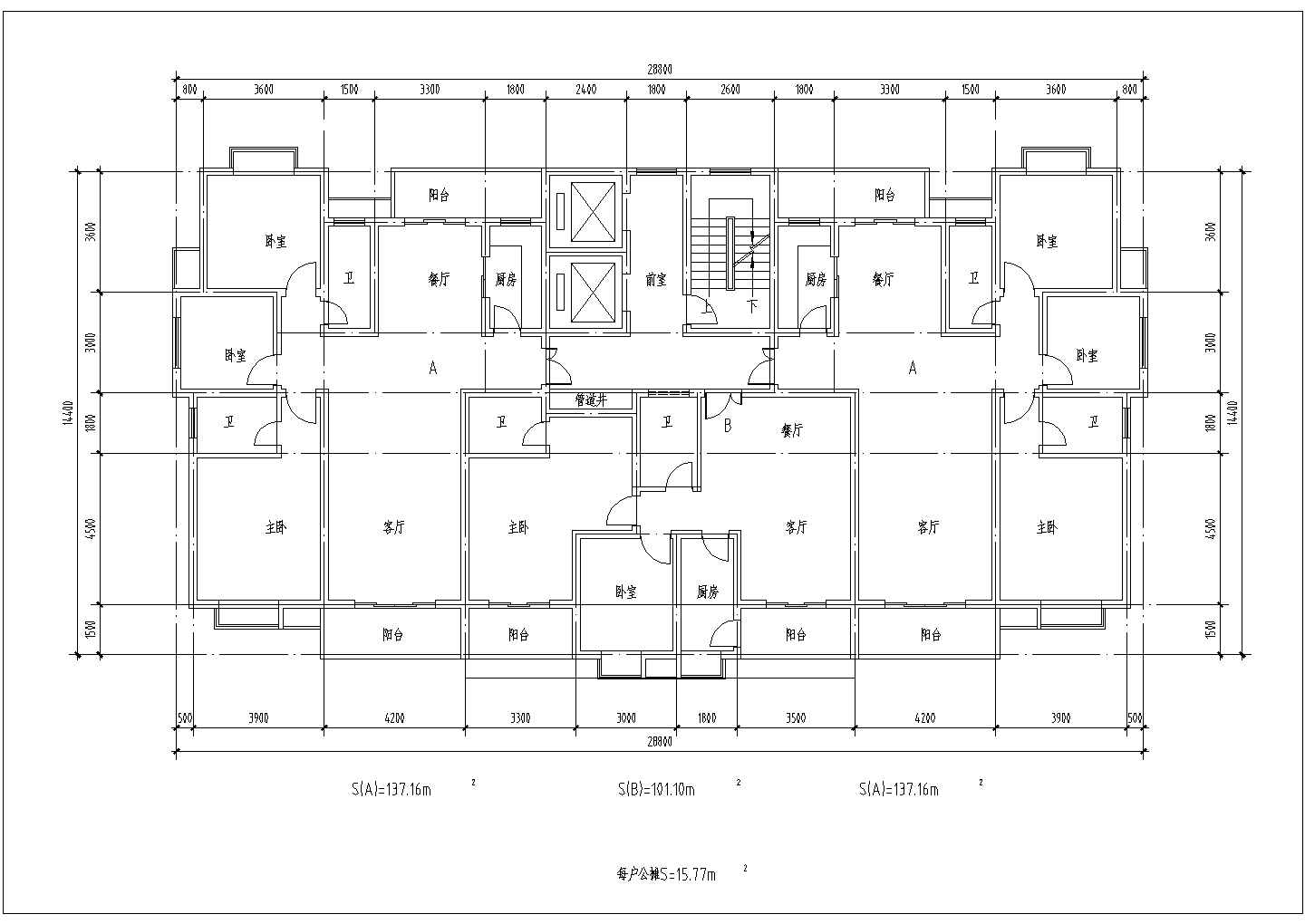 某剪力墙结构18层1楼梯2电梯4户点式住宅楼设计cad建筑方案图纸