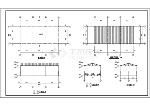 某多排自行车棚CAD平立面设计图纸-图一