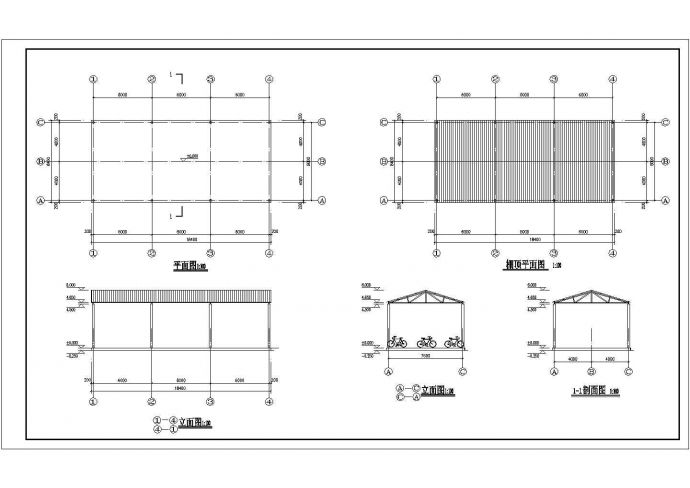 某多排自行车棚CAD平立面设计图纸_图1