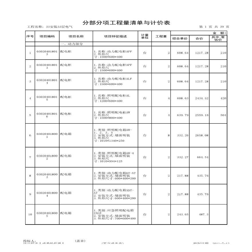 建设工程电气工程量清单表格（动力、照明和防雷接地）