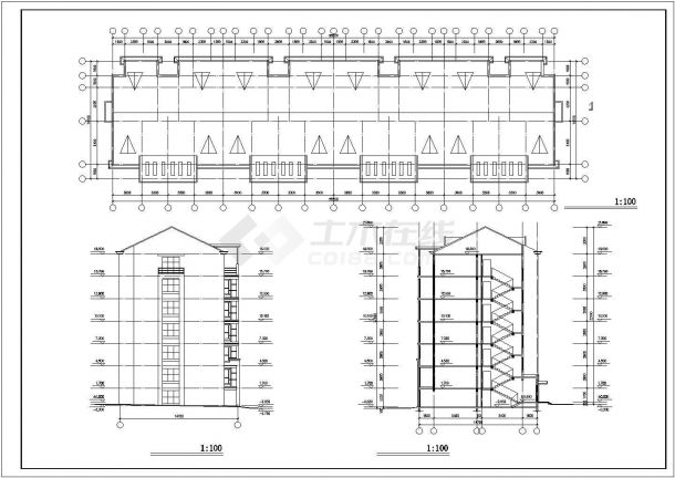 2650平米6层混合结构住宅楼平立剖面设计CAD图纸（带阁楼）-图二