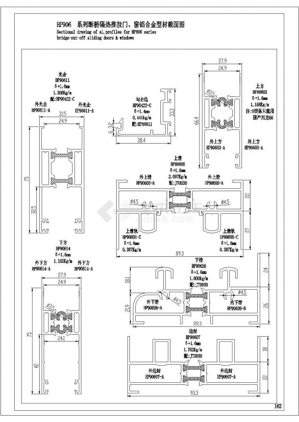 某HP906隔热推拉窗装配图及截面图CAD构造全套设计详图-图一