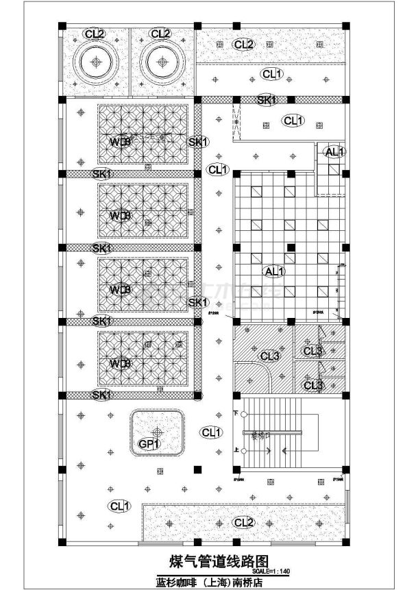 蓝衫咖啡咖啡馆完整CAD建筑施工图煤气管道线路图-图一