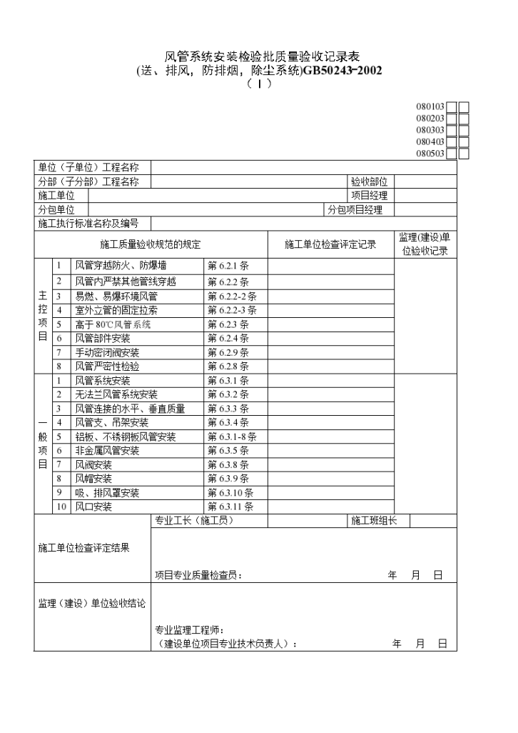 某风管系统安装检验批质量验收记录表(送、排风，防排烟，除尘系统)（Ⅰ）-图一