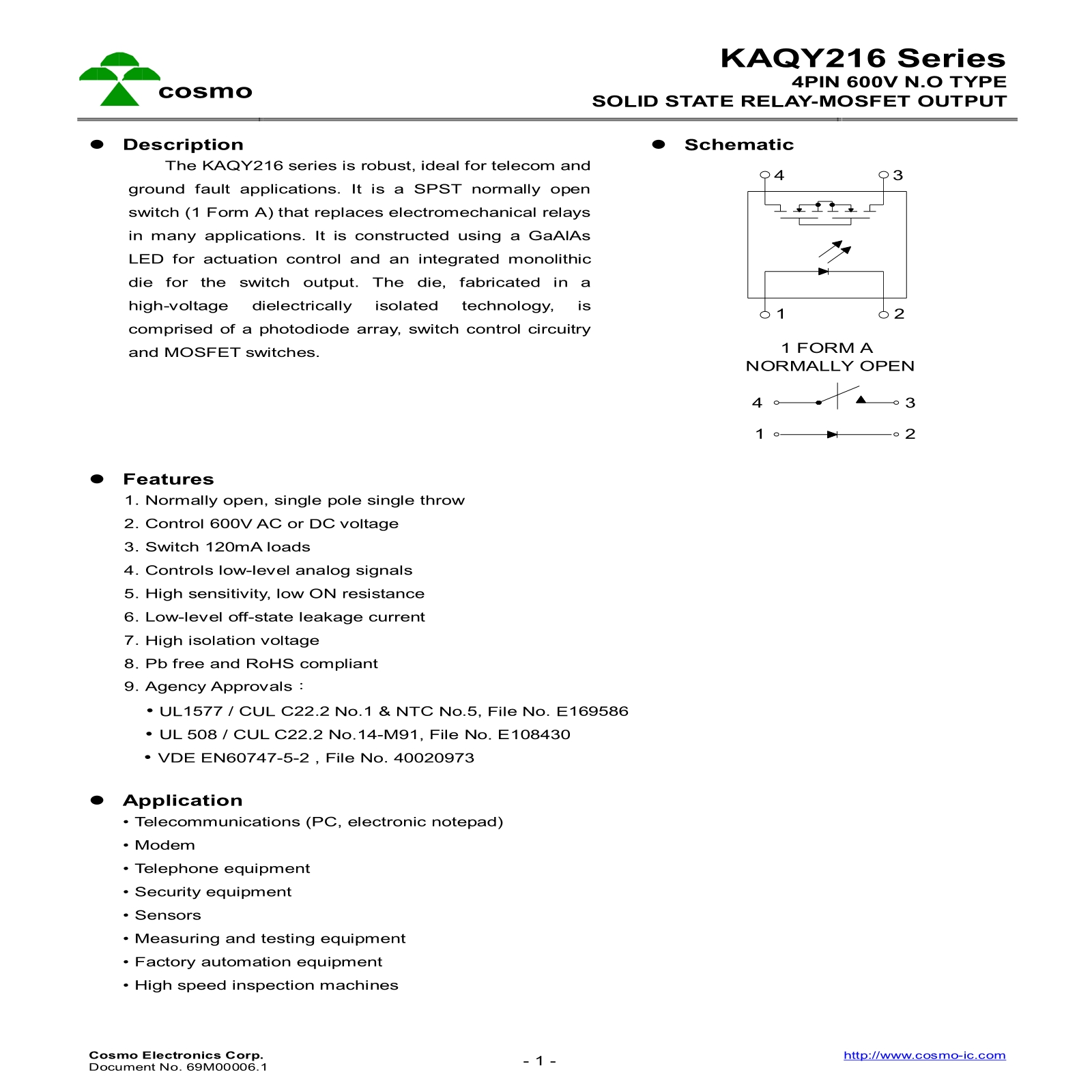冠西电子COSMO光电继电器KAQY216/KAQY216S