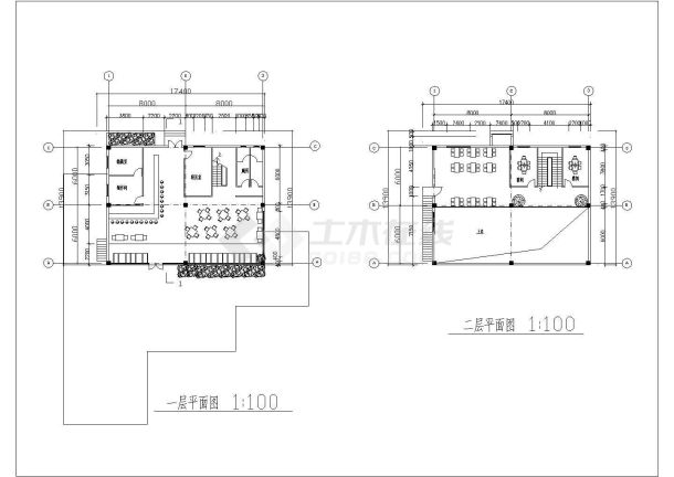 长17.4米 宽13.9米 二层咖啡馆CAD建筑方案图（有总平无屋顶平面）-图一