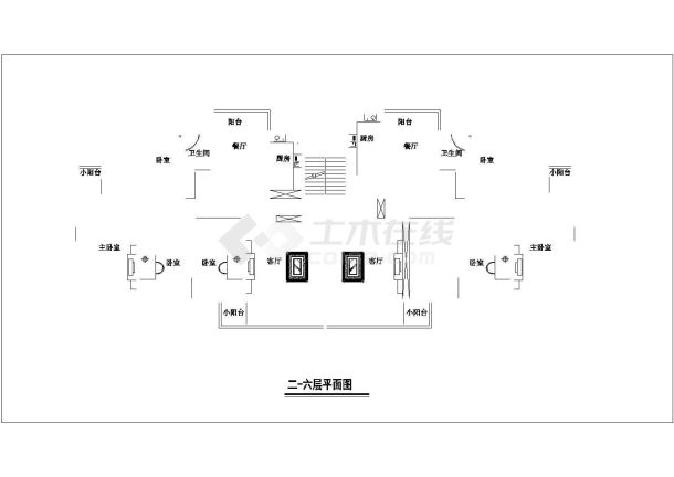 滨州市某新建小区6栋住宅楼标准层平面设计CAD图纸（1梯2户型）-图一