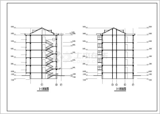 重庆市某小区4100平米五层框架结构住宅楼立剖面设计CAD图纸-图一