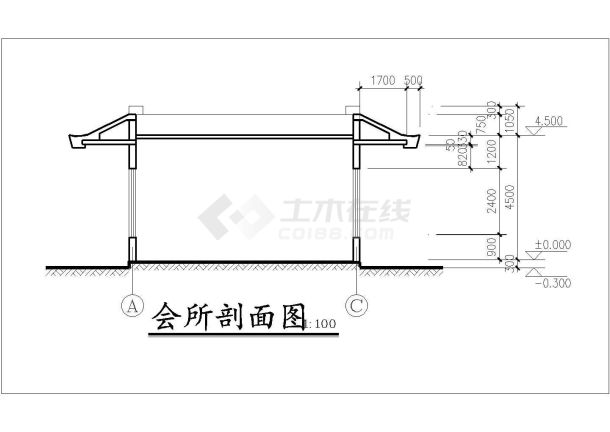 太原市某社区90平米左右活动会所平立剖面设计CAD图纸-图一