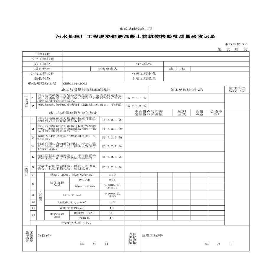 某污水处理厂工程现浇钢筋混凝土构筑物检验批质量验收记录-图一