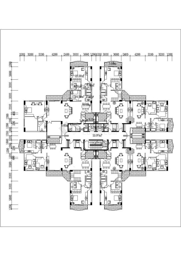 6600平米左右14层框混结构住宅楼平立剖面设计CAD图纸（1层4户）-图一