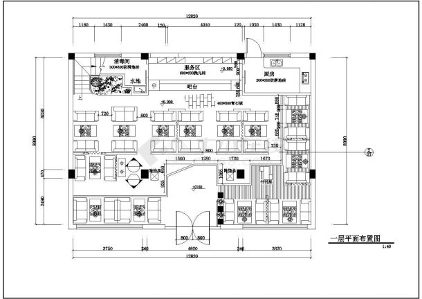 长12.82米 宽8.99米 二层阳光咖啡吧CAD室内装修方案（一二层的平面布置 顶面布置 楼梯立剖面 室内一些立面）-图二