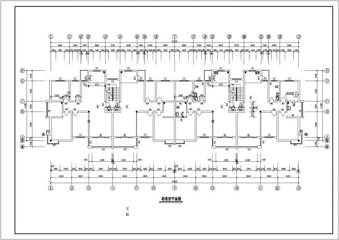 合肥市杏春苑小区三栋住宅楼的标准层平面设计CAD图纸_图1