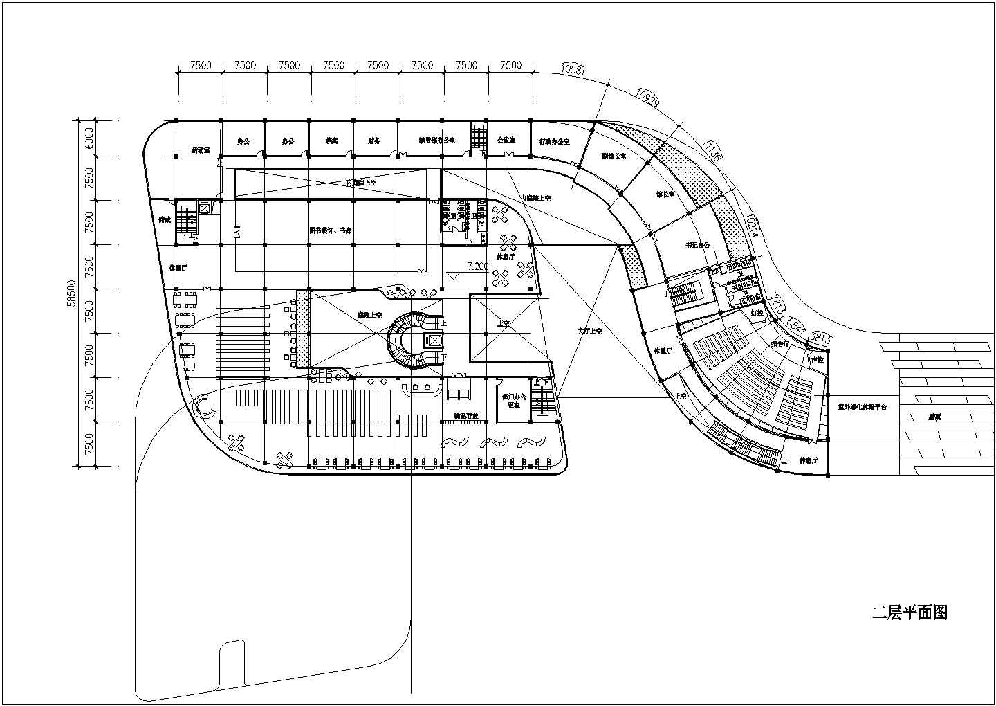 某长约100米 宽58.5米 半地下层地上五层图书馆建筑CAD方案设计图
