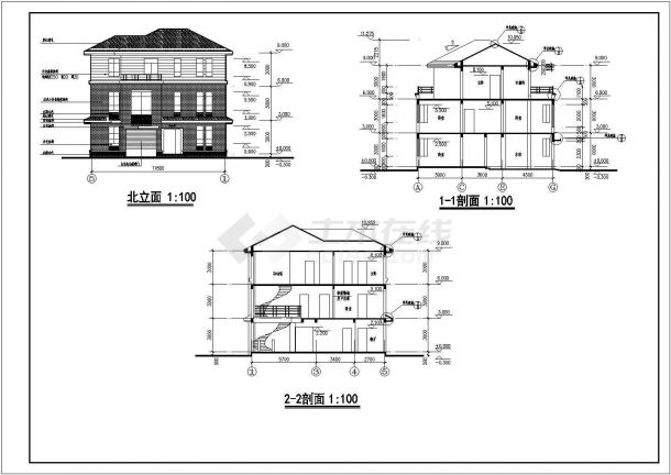 320平米左右3层框架结构独栋别墅全套建筑设计CAD图纸-图二